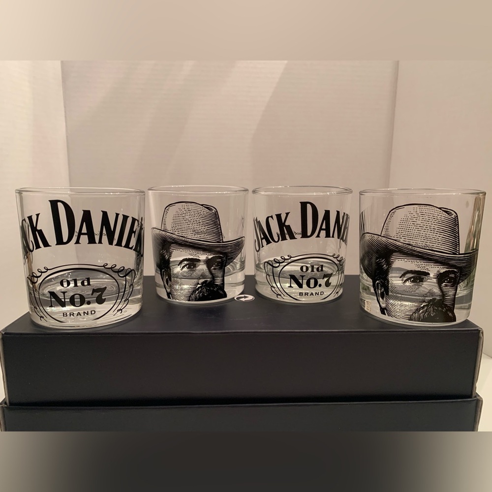 (4) Jack Daniels Whiskey Old No.7 Limited Edition 8oz. ￼Western Face Glass Cup